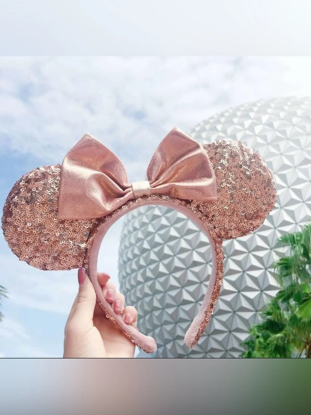 Disney Rose Gold Sequin Minnie Ear Headband with Satin Bow